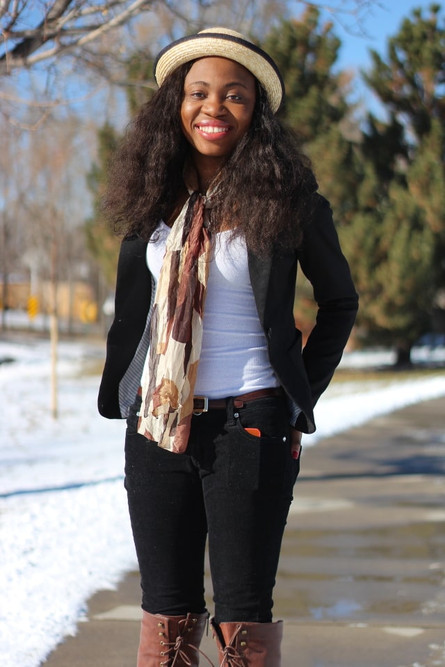 How to rock an almost all-black outfit. Corduroy pants, black fitted blazer, knee high boots, and bowler hat.