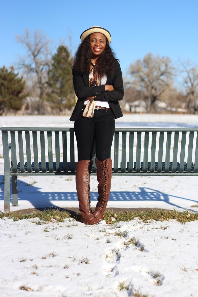 How to rock an almost all-black outfit. Corduroy pants, black fitted blazer, knee high boots, and bowler hat.
