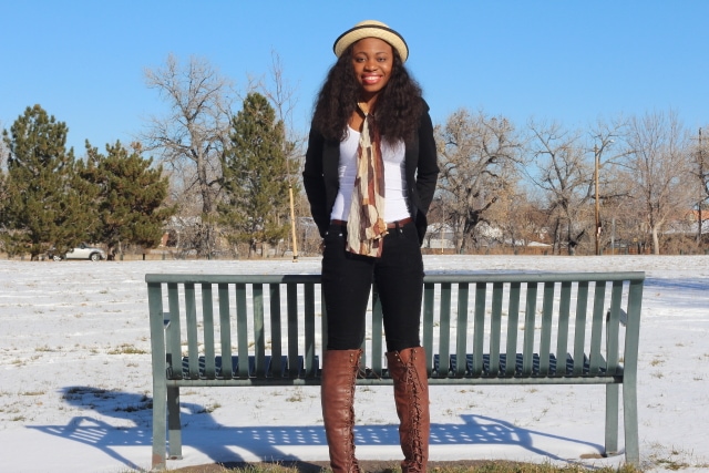 How to rock an almost all-black outfit. Corduroy pants, black fitted blazer, knee high boots, and bowler hat.