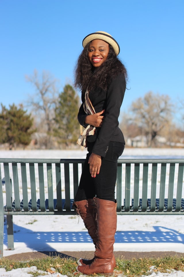 How to rock an almost all-black outfit. Corduroy pants, black fitted blazer, knee high boots, and bowler hat.