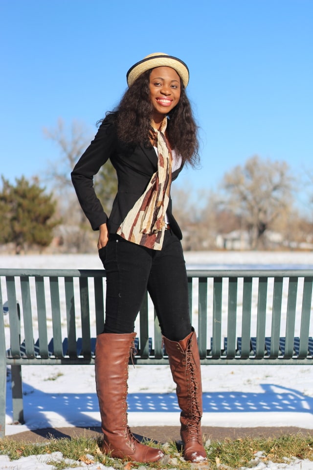 How to rock an almost all-black outfit. Corduroy pants, black fitted blazer, knee high boots, and bowler hat.