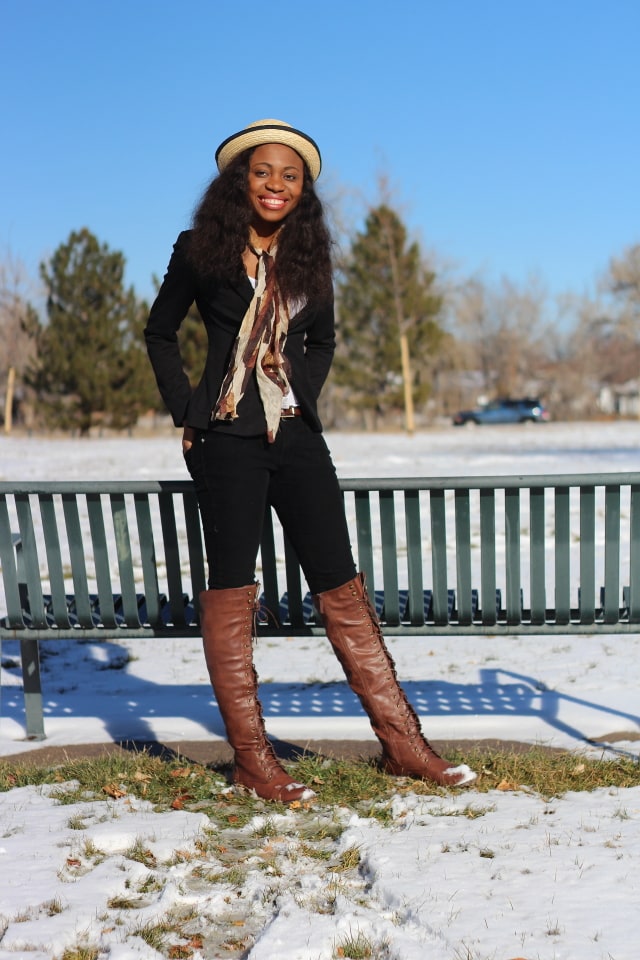 How to rock an almost all-black outfit. Corduroy pants, black fitted blazer, knee high boots, and bowler hat.