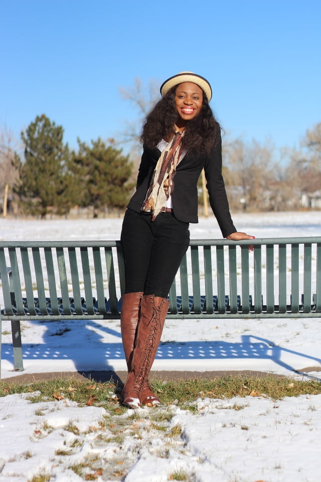 How to rock an almost all-black outfit. Corduroy pants, black fitted blazer, knee high boots, and bowler hat.