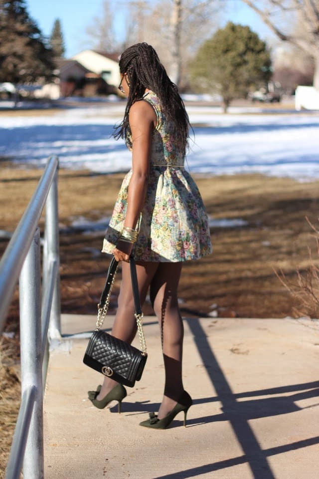 Vintage inspired full flare jacquard dress worn with a pair of modern trendy bow stiletto heels.