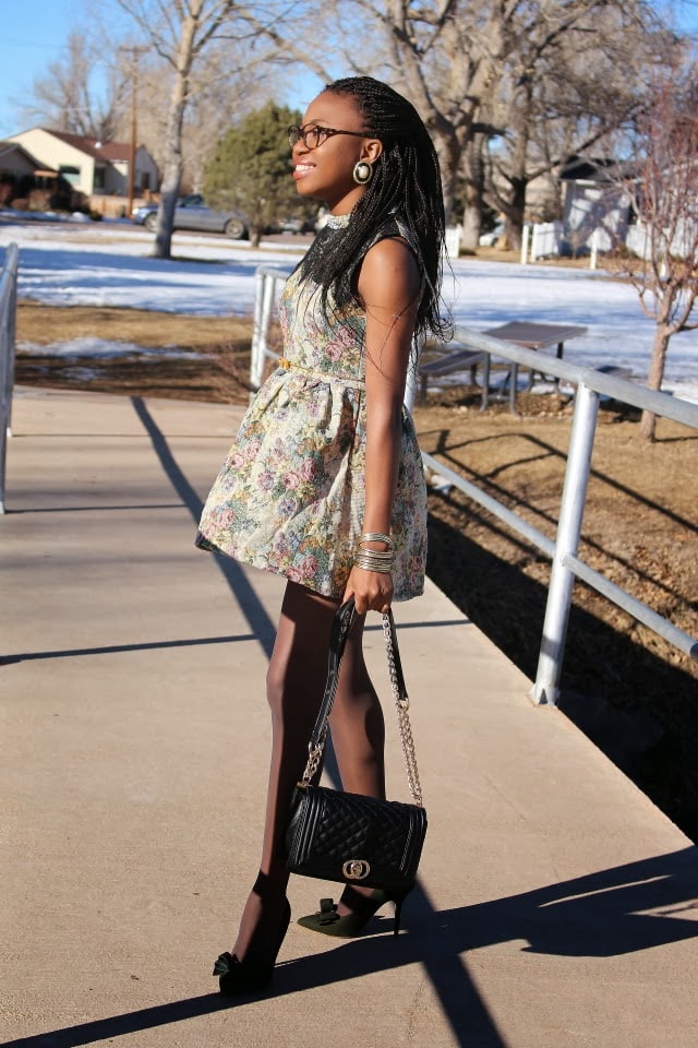 Vintage inspired full flare jacquard dress worn with a pair of modern trendy bow stiletto heels.