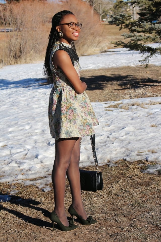 Vintage inspired full flare jacquard dress worn with a pair of modern trendy bow stiletto heels.