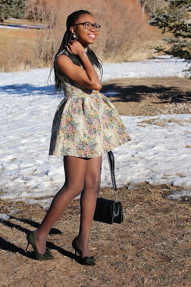 Vintage inspired full flare jacquard dress worn with a pair of modern trendy bow stiletto heels.