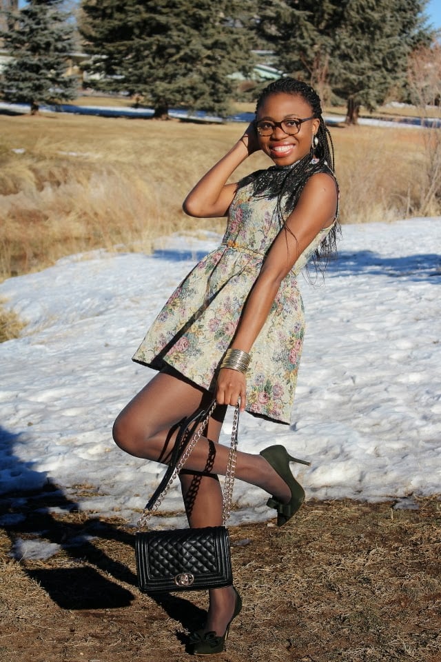 Vintage inspired full flare jacquard dress worn with a pair of modern trendy bow stiletto heels.