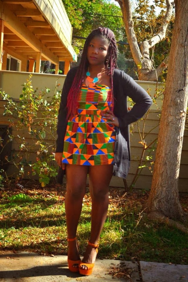 African print traditional dress paired with chunky heels.