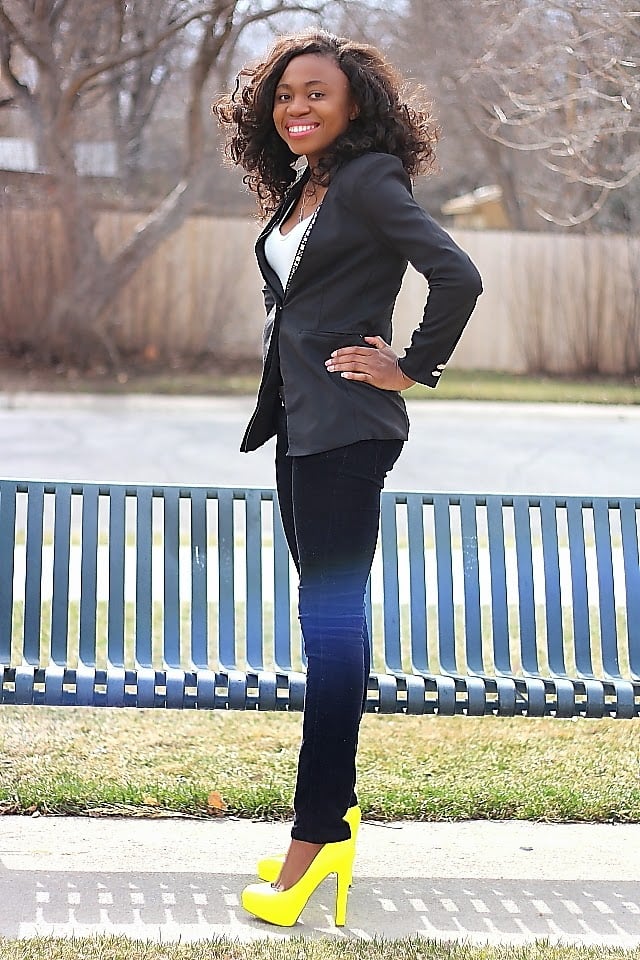 Neon Fashion: How do you style a pair of bright neon yellow shoes? Combine with neutral colors. Worn here with a pair of pant pants and embellished stone blazer.