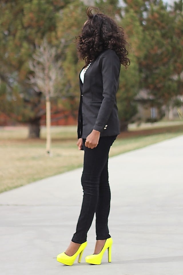 Neon Fashion: How do you style a pair of bright neon yellow shoes? Combine with neutral colors. Worn here with a pair of pant pants and embellished stone blazer.