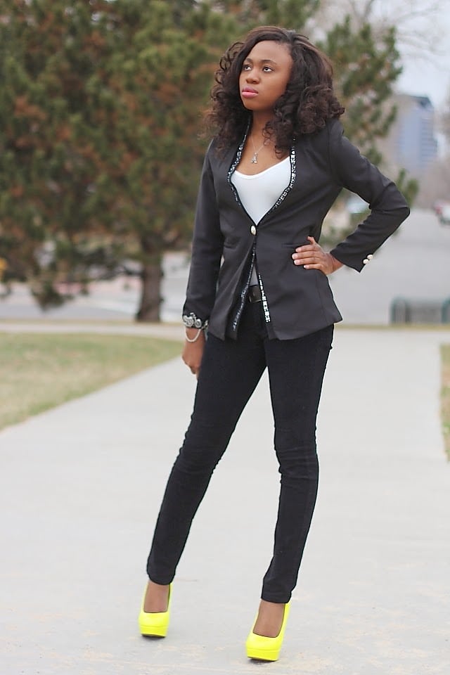 Neon Fashion: How do you style a pair of bright neon yellow shoes? Combine with neutral colors. Worn here with a pair of pant pants and embellished stone blazer.