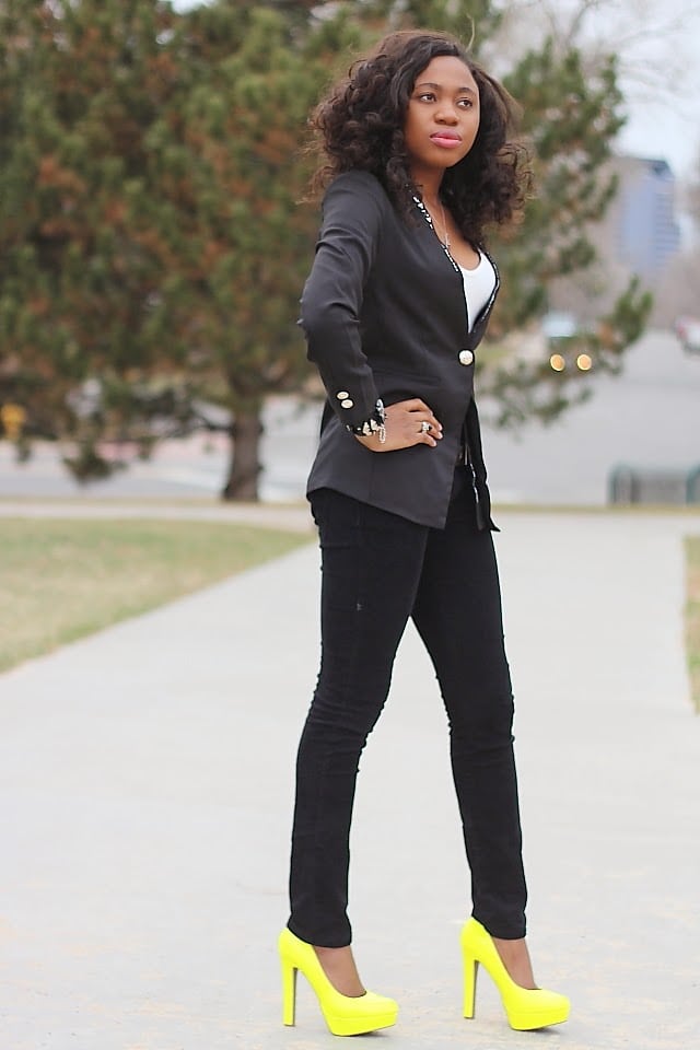 Neon Fashion: How do you style a pair of bright neon yellow shoes? Combine with neutral colors. Worn here with a pair of pant pants and embellished stone blazer.
