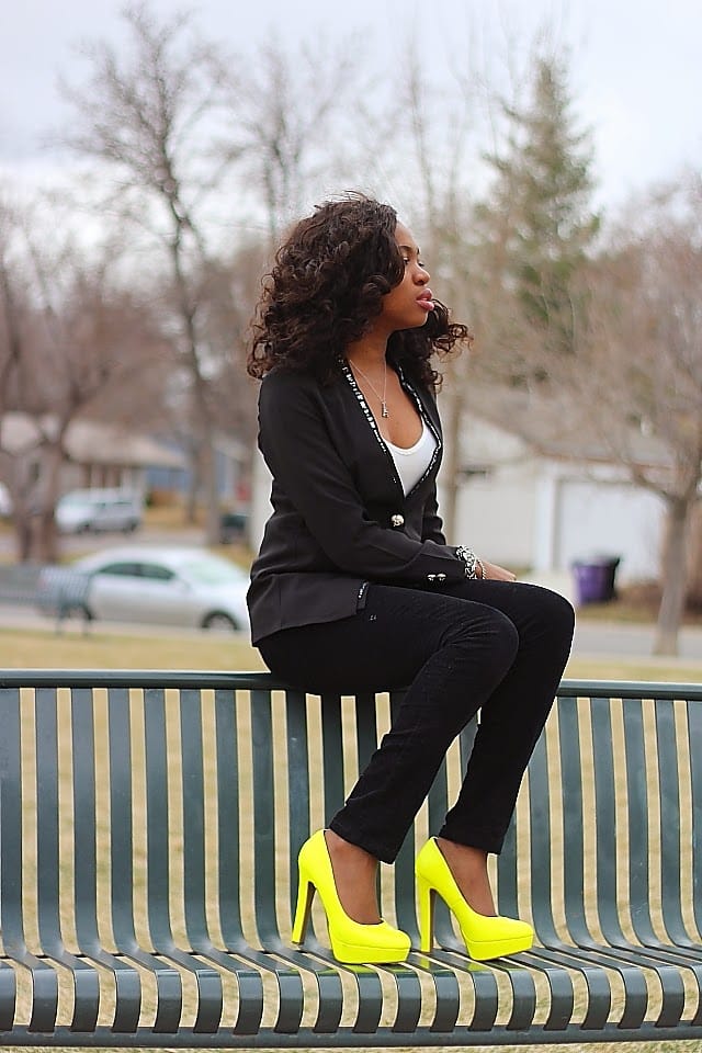 Neon Fashion: How do you style a pair of bright neon yellow shoes? Combine with neutral colors. Worn here with a pair of pant pants and embellished stone blazer.