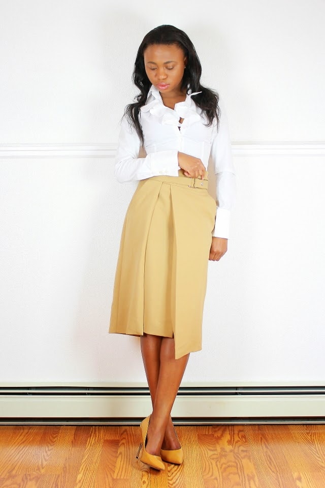 NUDE: Ruffle shirt + Buckle skirt