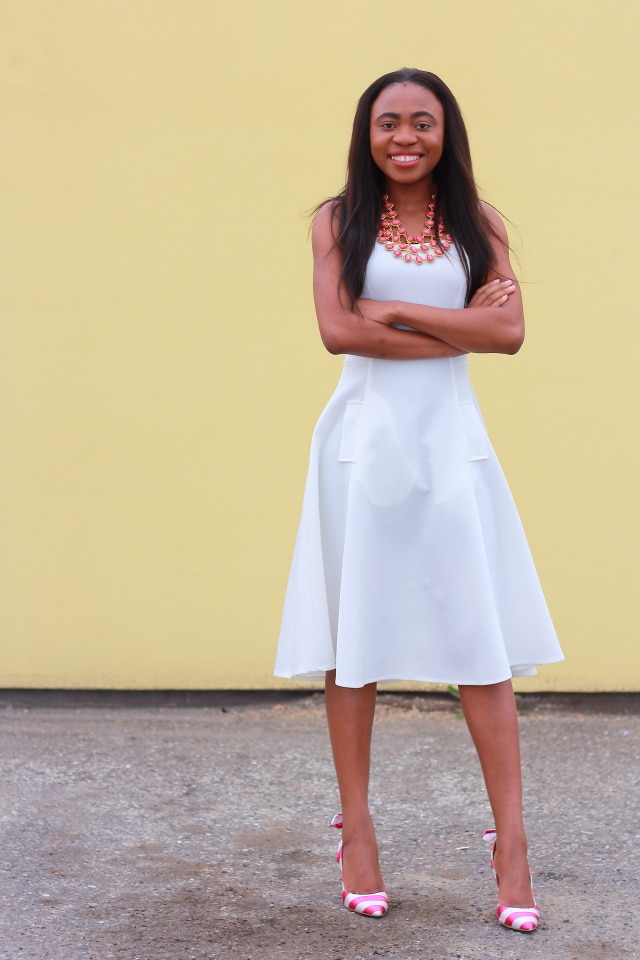 Flare dress, midi dress, midi dress, reversible necklace, stripe sandals, fashion blogger, Alaska blogger