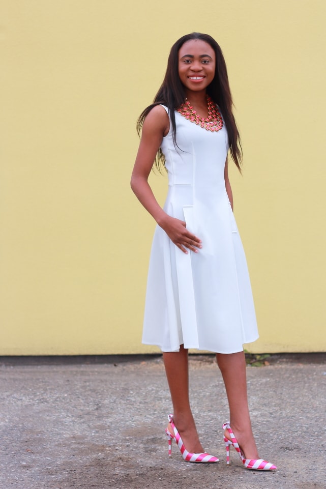 Flare dress, midi dress, Nigerian blogger, midi dress, reversible necklace, stripe heels, fashion blogger, Alaska blogger