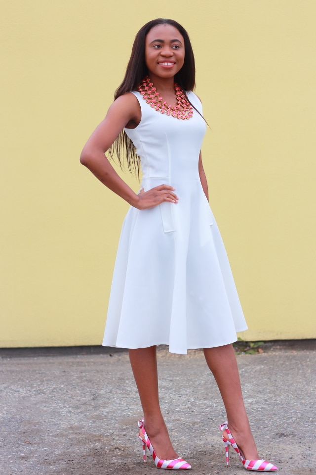 Beauty blogger, Alaska fashion, white midi dress, Flare dress, midi dress, midi dress, reversible necklace, stripe sandals, fashion blogger, Alaska blogger