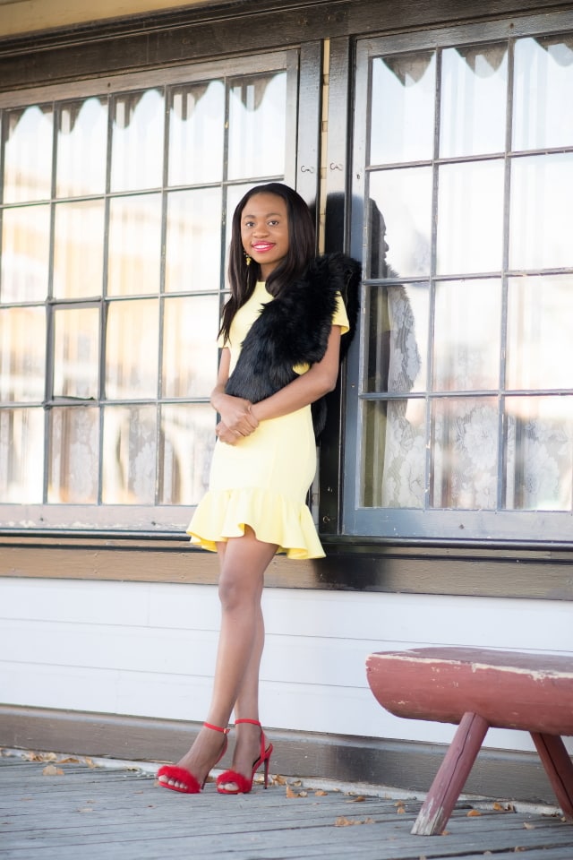 Peplum hem mini dress, yellow short sleeve dress, fur sandals, fur scarf, La Passion Voutee