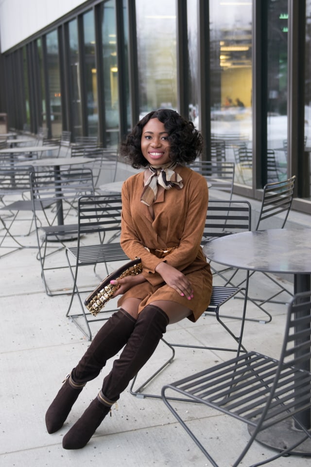 Faux suede outfit with suede thigh high boots