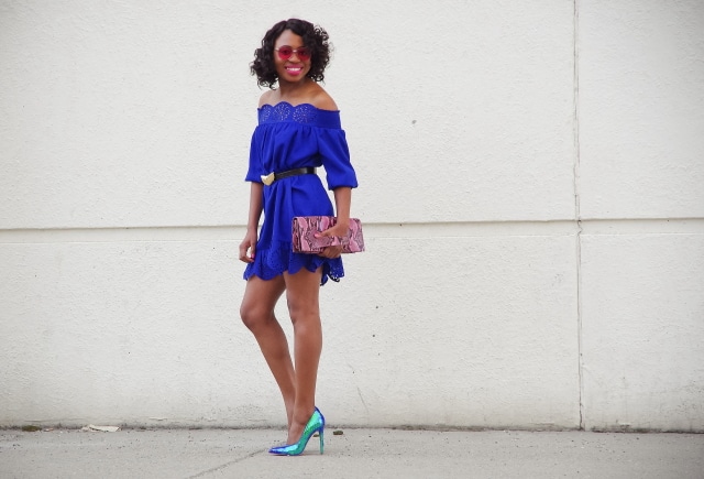 Now this is the epitome of sexy! A perforated off should dress, blue hologram heels, and pop of pink leopard purse. Summer fashion | Fashion blogger | Summer style | Summer outfit | Cute casual dresses | Spring fashion | Alaska | Summer looks | Summer hair | Street Style |