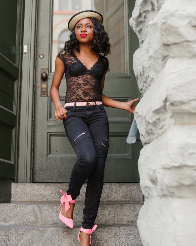 Happily Black with a touch of Pantone's 2016 color, Rose Quartz. Stun others in this backless lace bodysuit, paired with black skinny jeans, a pair of trendy bow pumps and embellished bow belt. Topped up with a straw bowler hat. Chic is an understatement. Click for more!Happily Black with a touch of Pantone's 2016 colorm Rose Quartz. Stun others in this backless lace bodysuit, paired with black skinny jeans, a pair of trendy bow pumps and embellished bow belt. Topped up with a straw bowler hat and popping red lipstick. Chic is an understatement. Click for more!