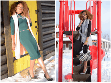Green bodycon dress, grey lapel vest