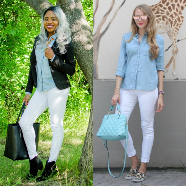 Blogger Collab: Chambray Shirt Outfit | Two bloggers came together to create two amazing chambray shirt outfits based on their personal style. Pair the chambray blouse with a slip-on sneakers for a chic summer appeal or with ankle booties and a fitted blazer for fall. Click to check out their looks.