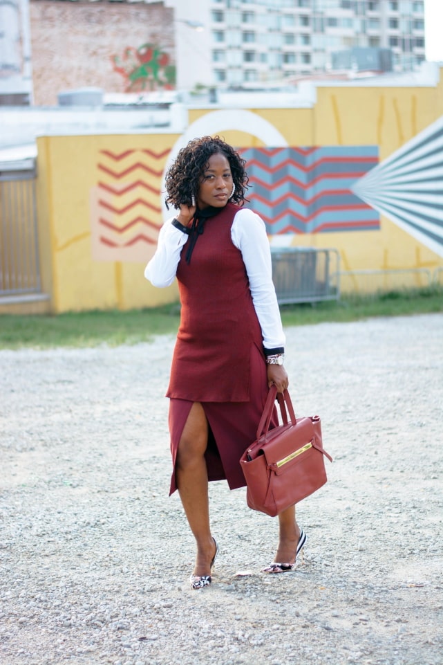 Wine/burgundy is a hot color this fall and winter. Wine outfit inspiration for work.