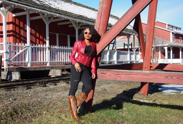 Guess Oxblood Bikrt burgundy Leather Jacket. Fall street women fashion outfit clothing style apparel Fashion blogger | Fall style | Fall fashion | Fall hair | Leather jacket | Good Behavior | TNT | Real leather jacket