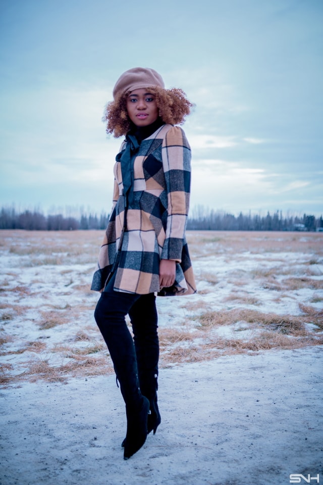 Fitted Pattern Coat + Thigh High Boots | Totally crushing over her plaid coat. The fact that she styled this street style look with a thigh high boots makes it perfect for the winter.