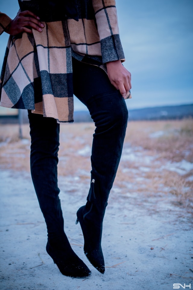 Fitted Pattern Coat + Thigh High Boots | Totally crushing over her plaid coat. The fact that she styled this street style look with a thigh high boots makes it perfect for the winter.