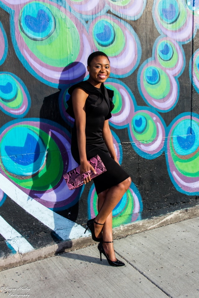 OMG! Love this black midi dress with ruffle sleeves. It'll be a perfect wedding guest look or a dressed up occasion. Love how she kept the look simple in this black monochrome look and a touch of pink. The statement sleeves, animal print purse, and studded heels make the look pop. | Summer fashion | Fashion blogger | Spring style | Spring outfit | Bodycon dress outfit | Spring fashion | Summer looks | Summer hair | Street Style | Modest fashion | Conservative style |