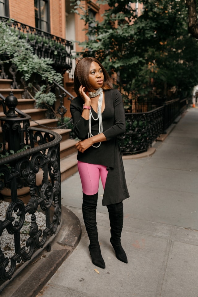 Obsessed with this her pink and black sweater outfit ?. The suede thigh high boots and statement choker necklace make this fall style crush-worthy. Totally rocking this look soon! #nyfw #sweater #ootd #outfits #fallstyle