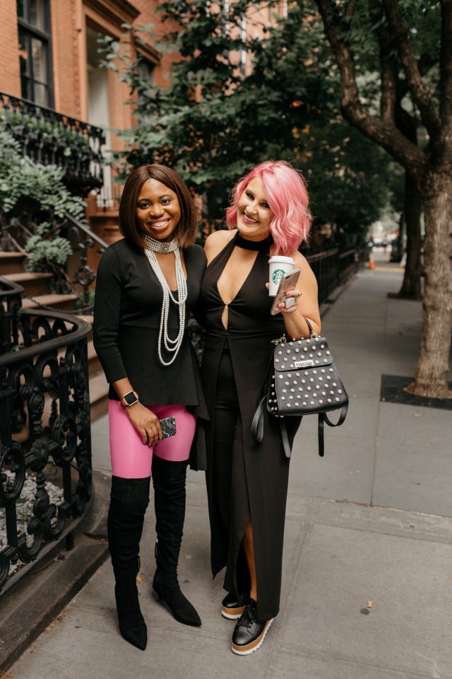 Pure pink perfection! ? Their transitional summer to fall outfit makes my heart skip a beat. Thigh high boots, asymmetrical sweater, dramatic necklace and a dash of pink and black are what I need this fall. The perfect autumn look. Getting my bestie on this train! #nyfw #sweater #ootd #outfits #fallstyle