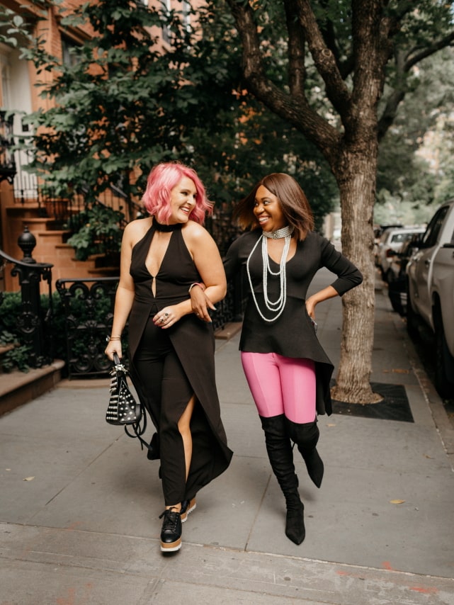 Pure pink perfection! ? Their transitional summer to fall outfit makes my heart skip a beat. Thigh high boots, asymmetrical sweater, dramatic necklace and a dash of pink and black are what I need this fall. The perfect autumn look. Getting my bestie on this train! #nyfw #sweater #ootd #outfits #fallstyle