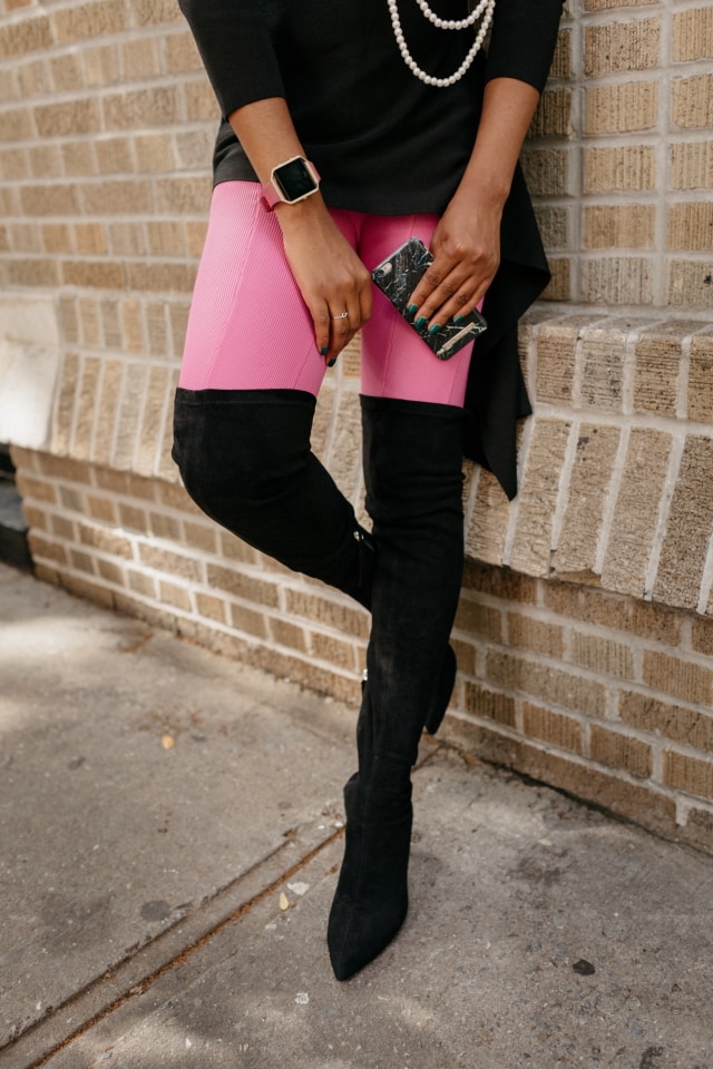 Obsessed with this her pink and black sweater outfit ?. The suede thigh high boots and statement choker necklace make this fall style crush-worthy. Totally rocking this look soon! #nyfw #sweater #ootd #outfits #fallstyle