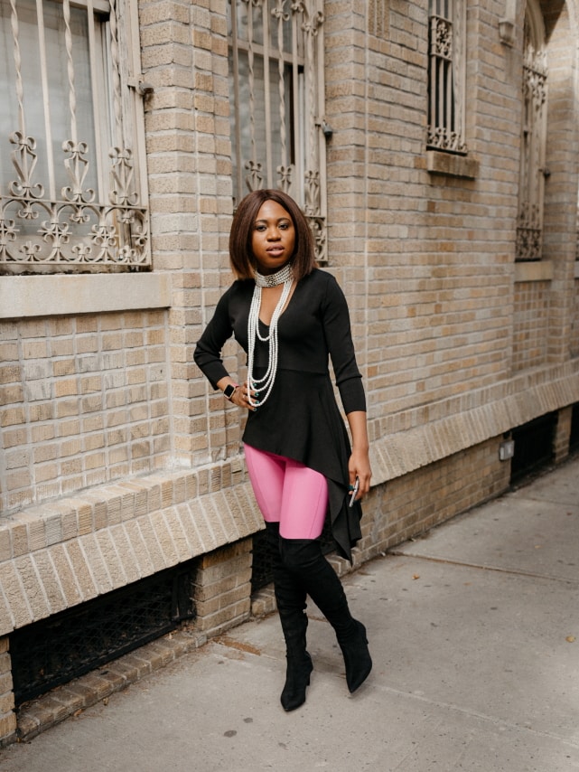 Obsessed with this her pink and black sweater outfit ?. The suede thigh high boots and statement choker necklace make this fall style crush-worthy. Totally rocking this look soon! #nyfw #sweater #ootd #outfits #fallstyle