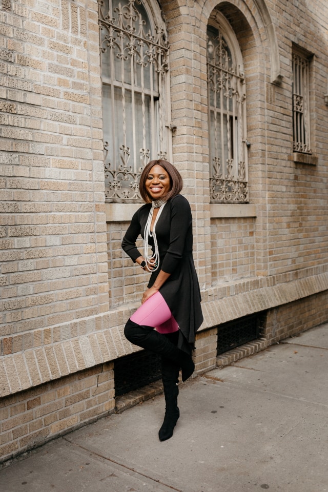 Obsessed with this her pink and black sweater outfit ?. The suede thigh high boots and statement choker necklace make this fall style crush-worthy. Totally rocking this look soon! #nyfw #sweater #ootd #outfits #fallstyle