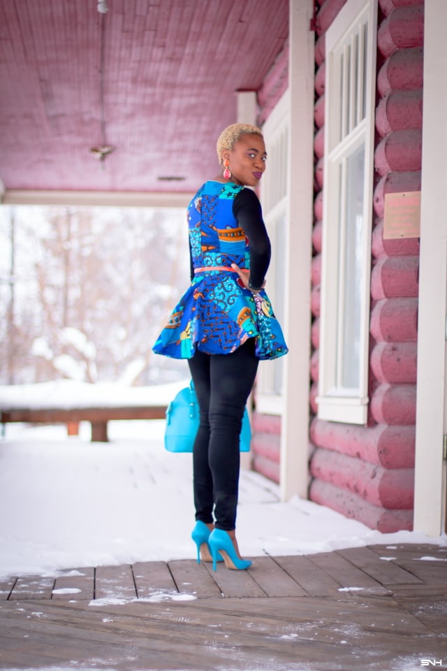 This African print peplum top has me obsessed with ankara styles and patchwork designs. Fashion blogger, Louisa shares a breathtaking patchwork ankara top as part of a 20+ days of African print fashion. Looking for a upgraded casual way to rock African print today, check out this look from Day 2 of the series by With Flare Designs. The pops of blue and orange contrasts beautifully on the black denim and bodysuit. #africanprint #ankara #ankarafashion #kente