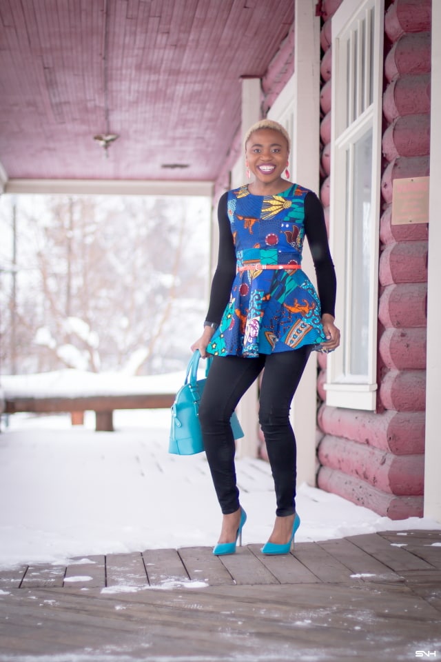 This African print peplum top has me obsessed with ankara styles and patchwork designs. Fashion blogger, Louisa shares a breathtaking patchwork ankara top as part of a 20+ days of African print fashion. Looking for a upgraded casual way to rock African print today, check out this look from Day 2 of the series by With Flare Designs. The pops of blue and orange contrasts beautifully on the black denim and bodysuit. #africanprint #ankara #ankarafashion #kente