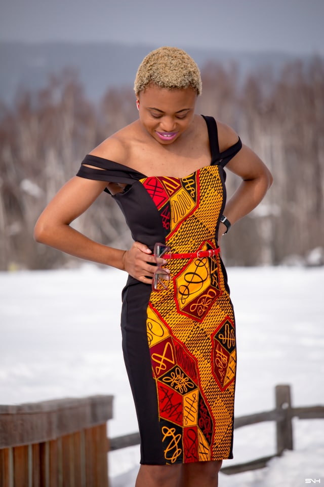 I'm quite obsessed with this African print off-shoulder dress. The stretchy fabric, multi-straps, and black tuxedo style creates a look that I love. The simple haircut, natural makeup, and clear sunnies is so clean and chic. This formal dress is perfect for any special occassion! #ankara #dashiki #kente