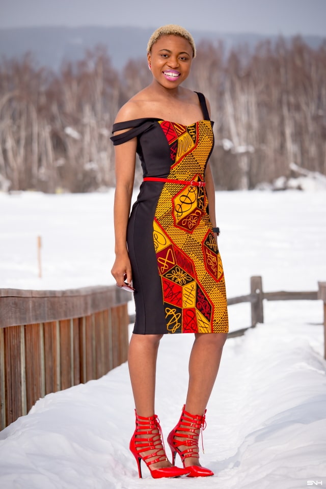 I'm quite obsessed with this African print off-shoulder dress. The stretchy fabric, multi-straps, and black tuxedo style creates a look that I love. The simple haircut, natural makeup, and clear sunnies is so clean and chic. This formal dress is perfect for any special occassion! #ankara #dashiki #kente