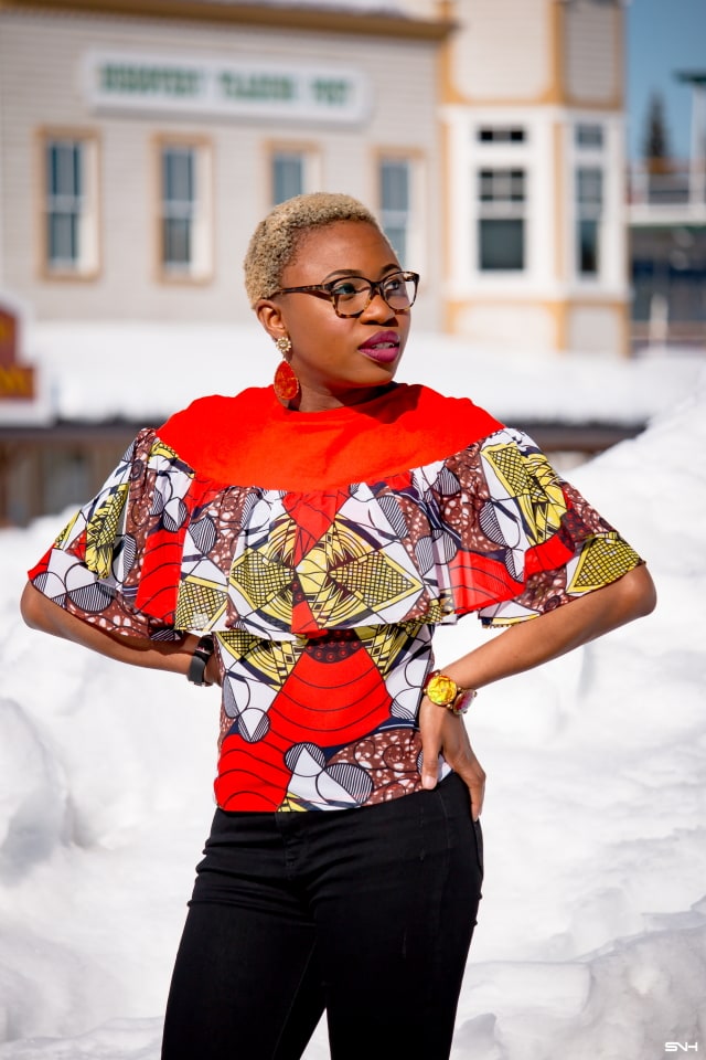 Just when you thought you knew everything about African print fabric, you discover this stylish ankara chiffon blouse! The lightweight layered ruffles with a linen upper makes this blouse the ultimate summer must-have African top. Beautifully paired with a fitted skinny jeans and trending tie-up tassel sandals. I just can't get enough! #ankara #africanprint #ankarafashion #nigerian Dashiki, African print dress, African fashion, African women dresses, African prints, Nigerian style