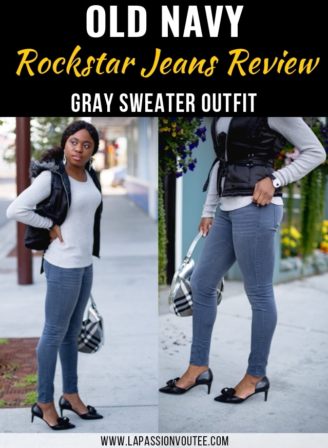 An honest review of Old Navy Rockstar jeans by someone who has owned one for a few years. And dishing it all on how to style a puffy vest with sweater for fall and still look cute and well-dressed. Alaska fashion blogger, Old Navy Rockstar jeans review, grey sweater outfit, cute fall outfit, New Jersey fashion blogger, kitten heels