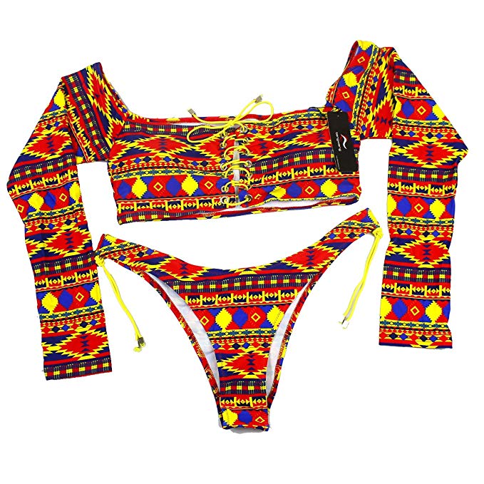 tengweng Women's African Print High Waist Bikini Set Lace up Swimsuit Long Sleeve Swimwear