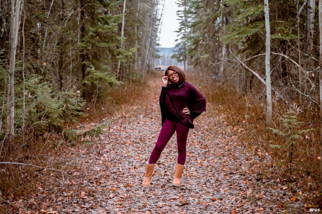 A winter outfit pairing a cowl neck poncho layered over an insulated fleecewear and super chic and comfortable burgundy faux suede leggings and the coziest Koolaburra by UGG boots. This is a practical and fashionable look that can be worn and remixed with other wardrobe essentials while keeping you warm on cold weather days. This post is all about winter fashion, fall fashion, New Jersey fashion blogger, black style blogger.