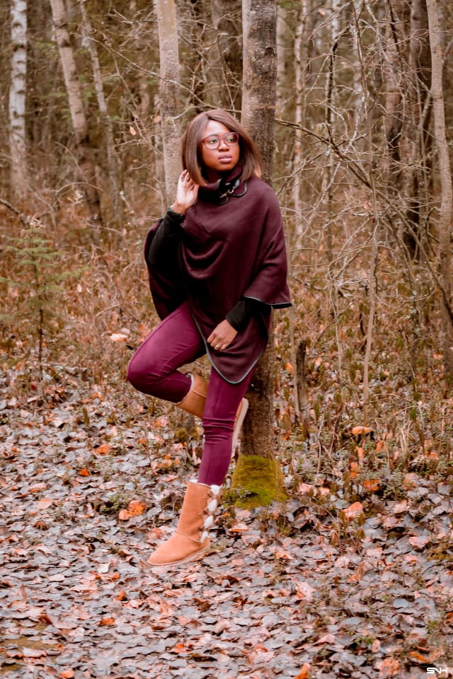 A winter outfit pairing a cowl neck poncho layered over an insulated fleecewear and super chic and comfortable burgundy faux suede leggings and the coziest Koolaburra by UGG boots. This is a practical and fashionable look that can be worn and remixed with other wardrobe essentials while keeping you warm on cold weather days. This post is all about winter fashion, fall fashion, New Jersey fashion blogger, black style blogger.