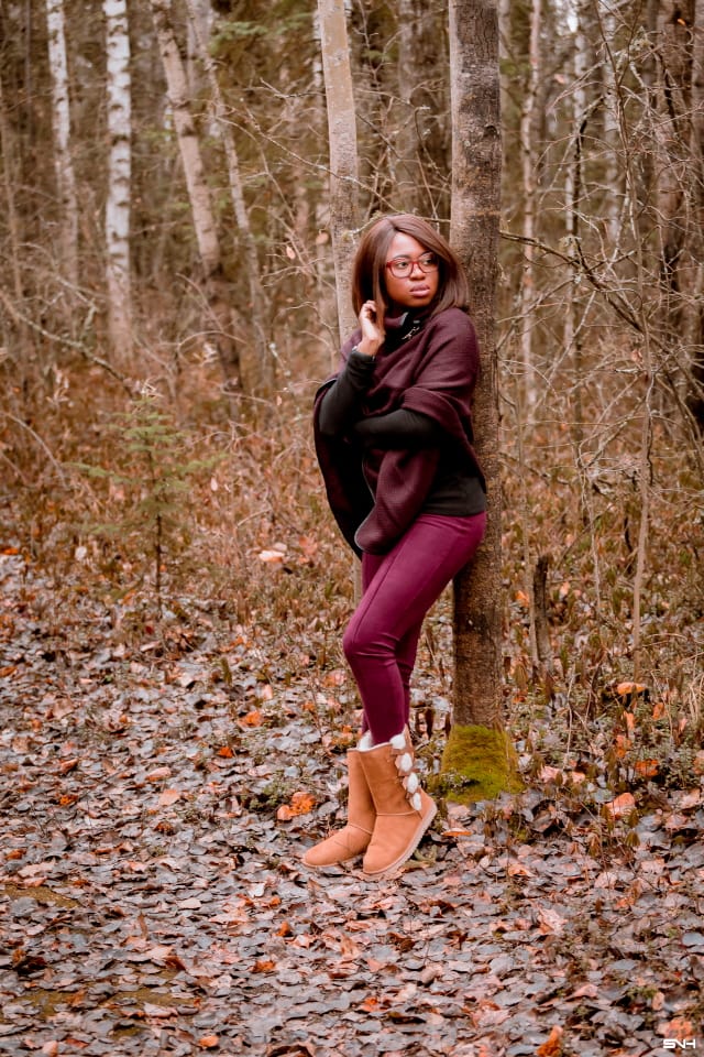 A winter outfit pairing a cowl neck poncho layered over an insulated fleecewear and super chic and comfortable burgundy faux suede leggings and the coziest Koolaburra by UGG boots. This is a practical and fashionable look that can be worn and remixed with other wardrobe essentials while keeping you warm on cold weather days. This post is all about winter fashion, fall fashion, New Jersey fashion blogger, black style blogger.