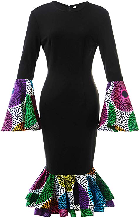 African print traditional dress with ankara sleeves and hem